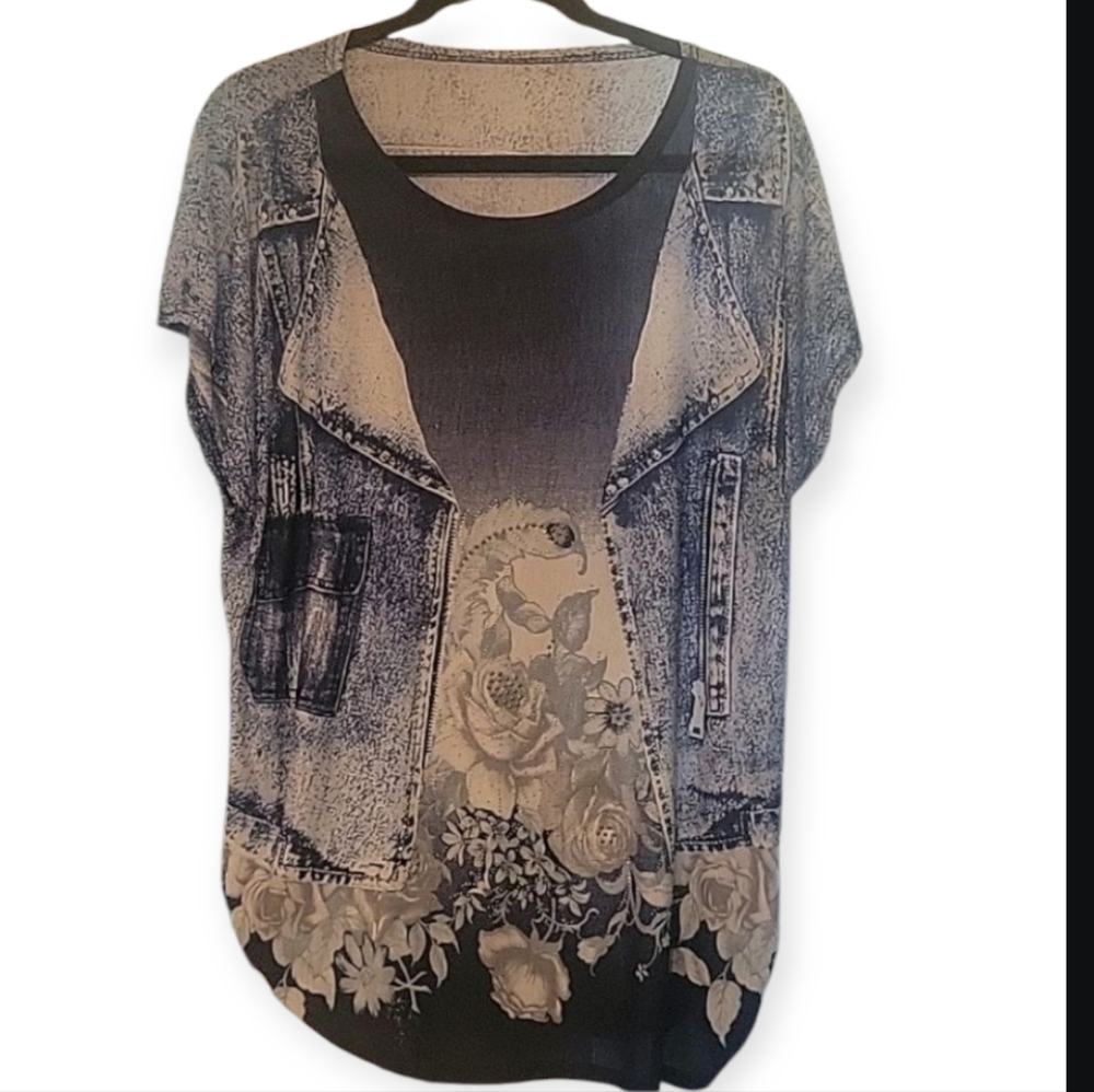 Women's Blue Jean Color Blouse Cap Sleeve Gem-embellished Vibrant Floral Size 1X - Picture 3 of 7